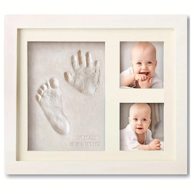 Baby hand and foot print frame with photos of a baby