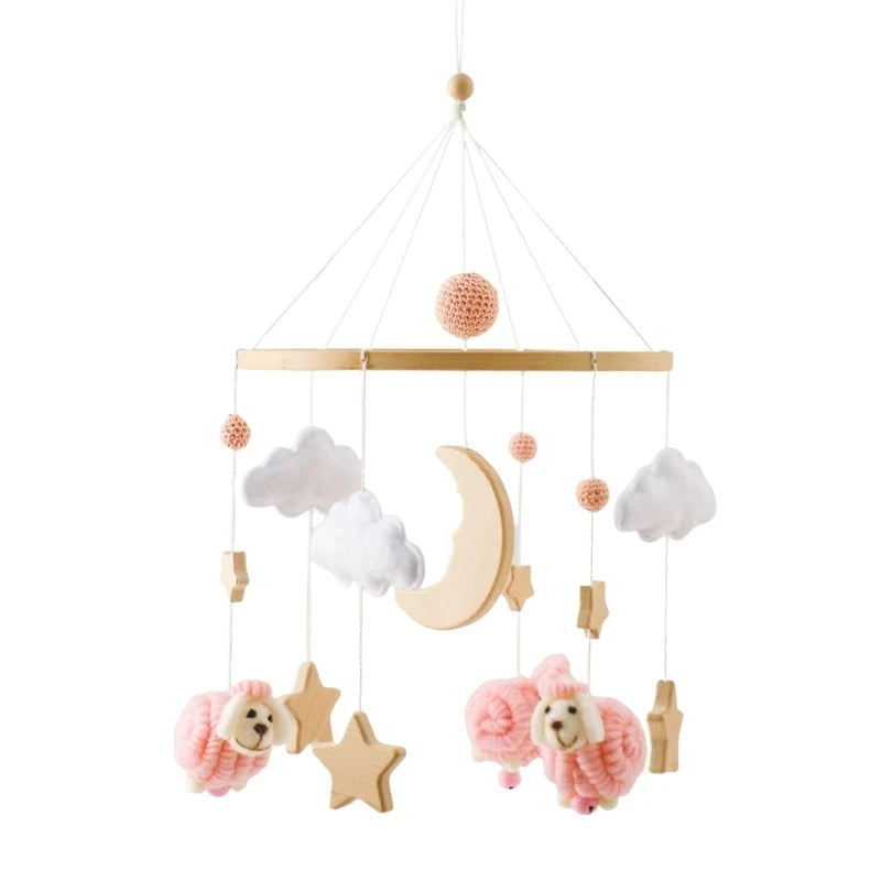 wood and felt Baby crib mobile with clouds, moon, stars, and pink Sheep.