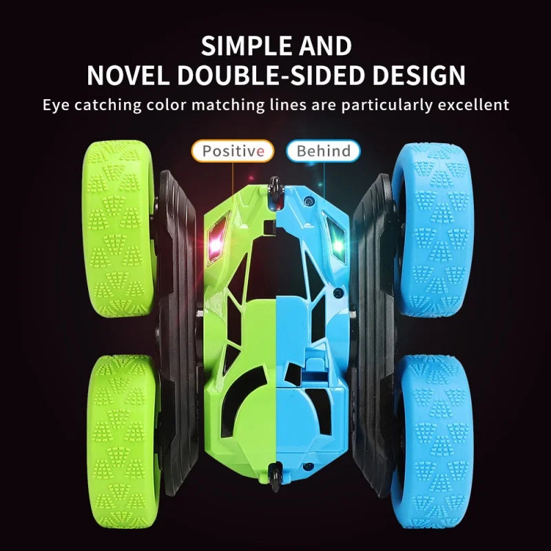 Toy car with green and blue wheels on a black background