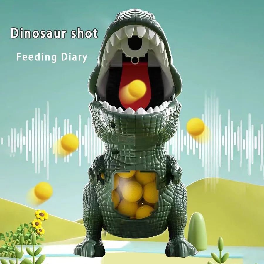 Toy dinosaur with open mouth filled with yellow balls, held by a hand against a pink background.