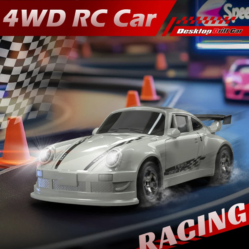 4WD RC car on a racing track with checkered flag and traffic cones.