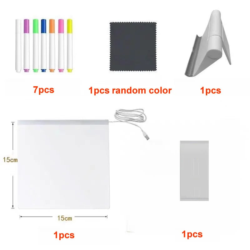 Set of art supplies including markers, a cloth, a stand, and a canvas with dimensions.