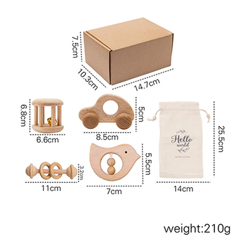 Wooden Montessori Toy Set for 0-12 Months – Baby Educational Toys with Rattle & Beech Car | Sensory Development & Comfort Gift for Newborns