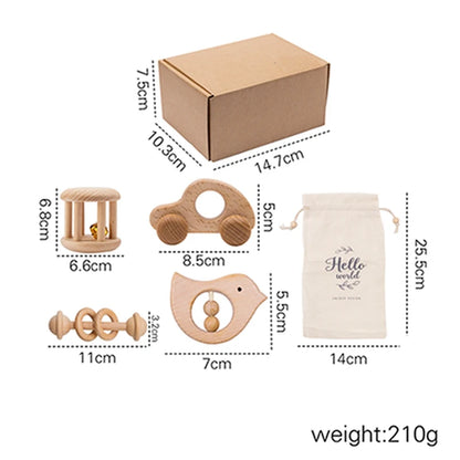 Wooden Montessori Toy Set for 0-12 Months – Baby Educational Toys with Rattle & Beech Car | Sensory Development & Comfort Gift for Newborns
