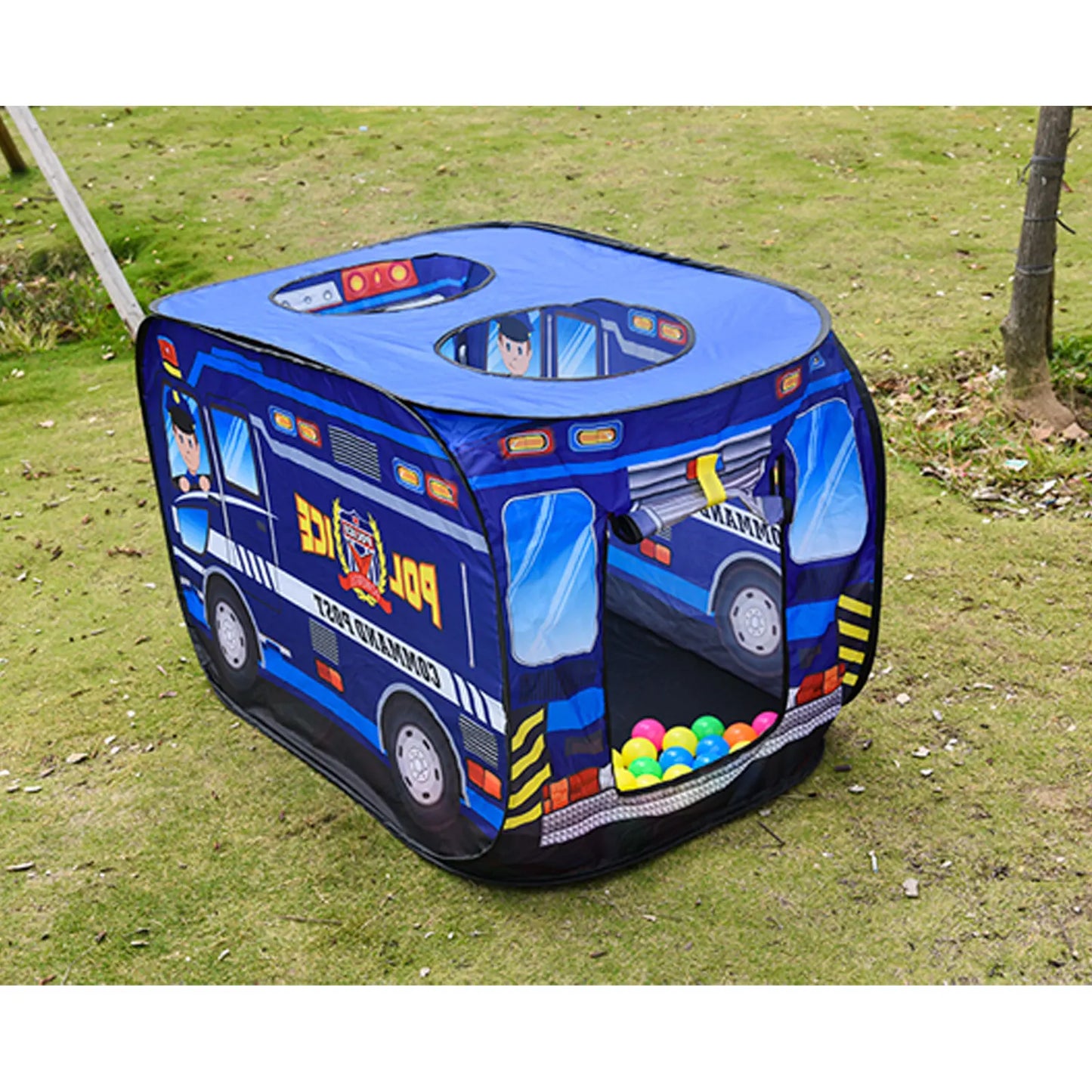 Children's play tent designed like a police car on grass