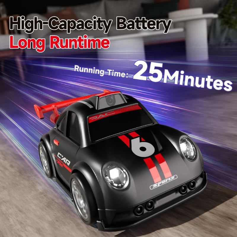 Toy car with racing design on a blurred indoor background, highlighting high-capacity battery and 25 minutes long runtime features.