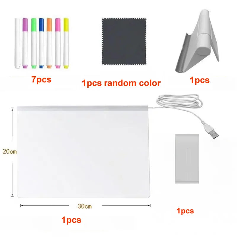 Set of art supplies including markers, a cloth, a light panel, and a USB cable on a white background and transparent led screen board.
