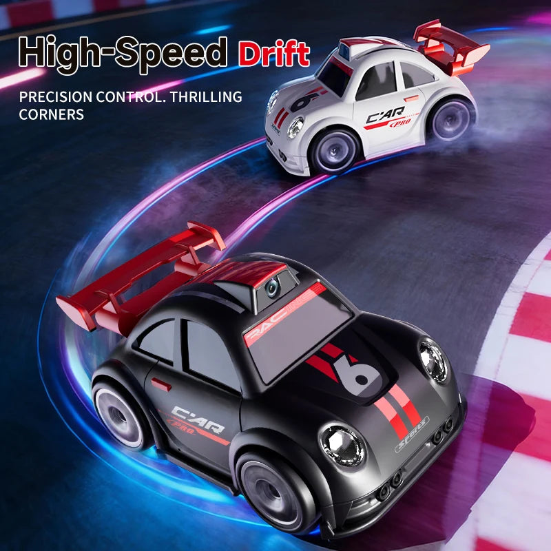Two toy cars on a track with 'High-Speed Drift' text and racing theme.