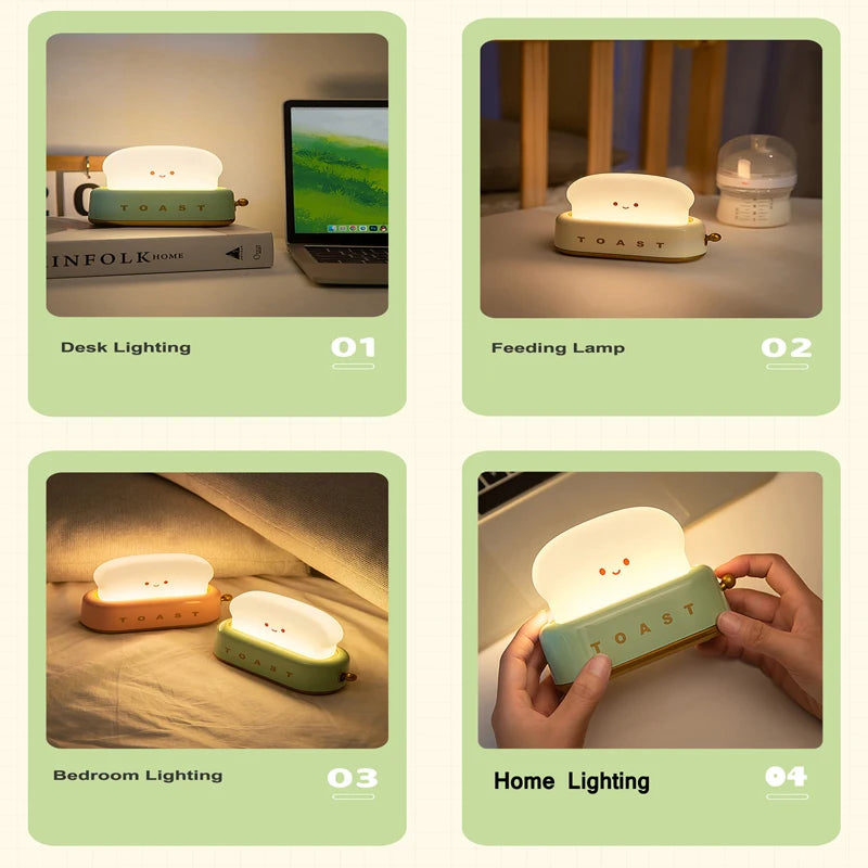 Collage of a small lamp with different uses including desk, feeding, bedroom, and home lighting.
