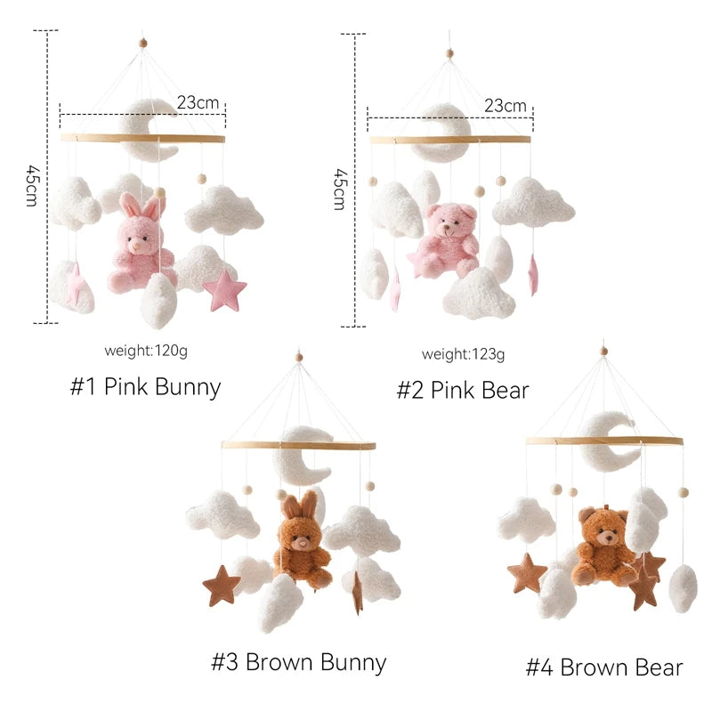 Nursery mobile with pink bunny, brown bear, and brown bunny, showing dimensions and weight on a white background.