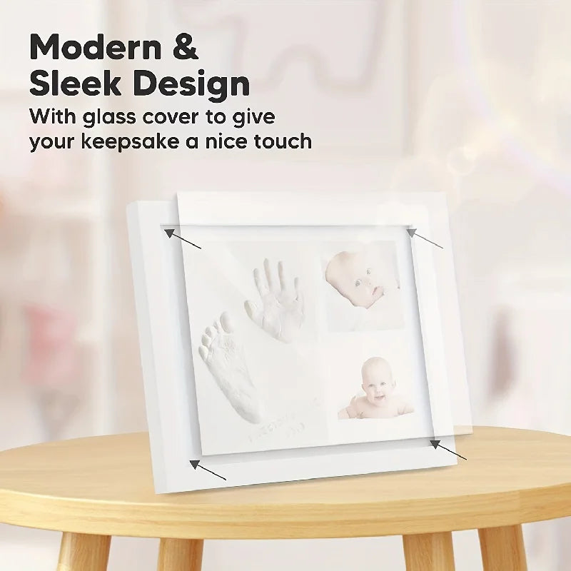 Glass cover on a photo frame with text about modern design and keepsake touch.