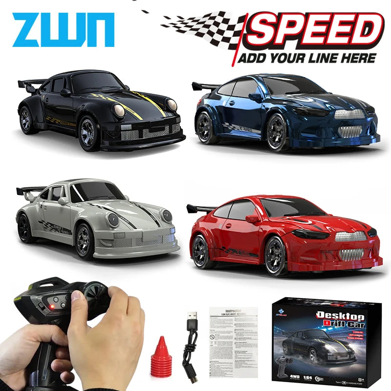 Four toy cars with a remote control and packaging on a white background, featuring ZWN branding.