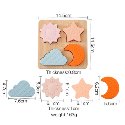 Montessori Puzzle Wooden Silicone Toy - Star, Moon, Sun, Cloud Shape Matching | BPA-Free Silicone Teething Toy for Babies | Educational & Developmental Toy for Toddlers (0-6 Years)