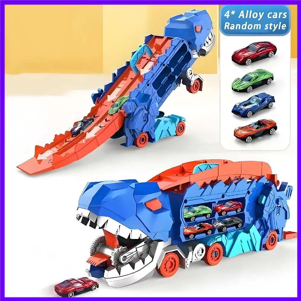 Toy dinosaur track with small cars on a white background