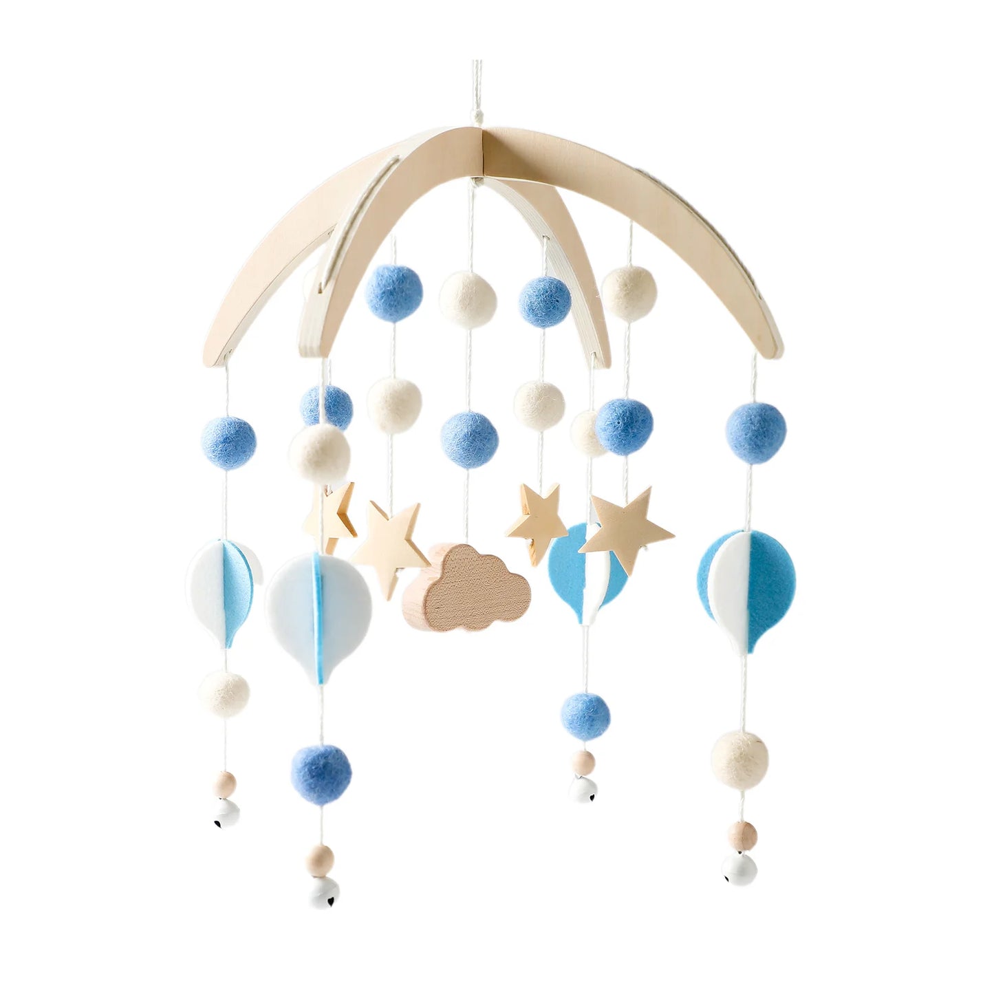 Wood and Felt Baby crib mobile with stars, clouds, and blue pom-poms.