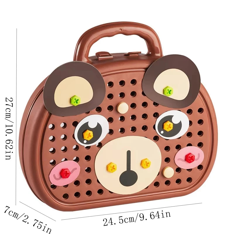Brown bear-shaped toy case with measurements on a white background