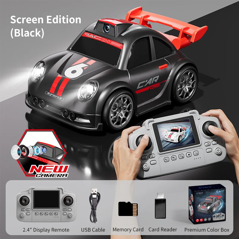 Black and red toy car with camera and remote control with screen and accessories.