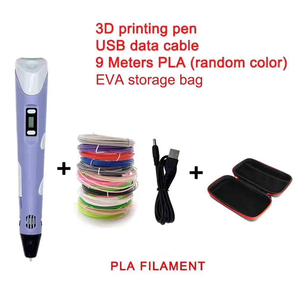 Purple 3D printing pen set with USB cable, PLA filament, and storage bag