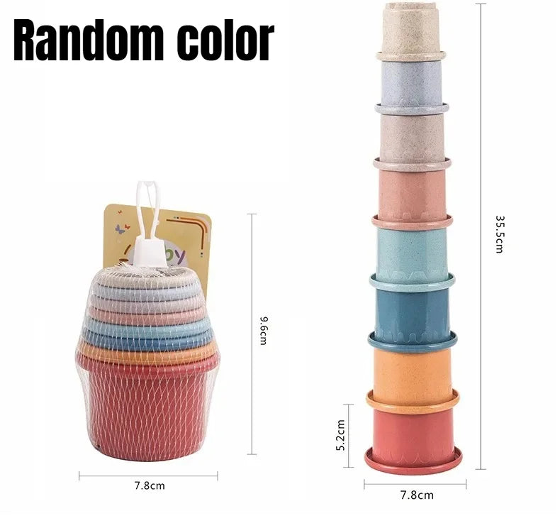 Stackable cups with dimensions and color options on a white background
