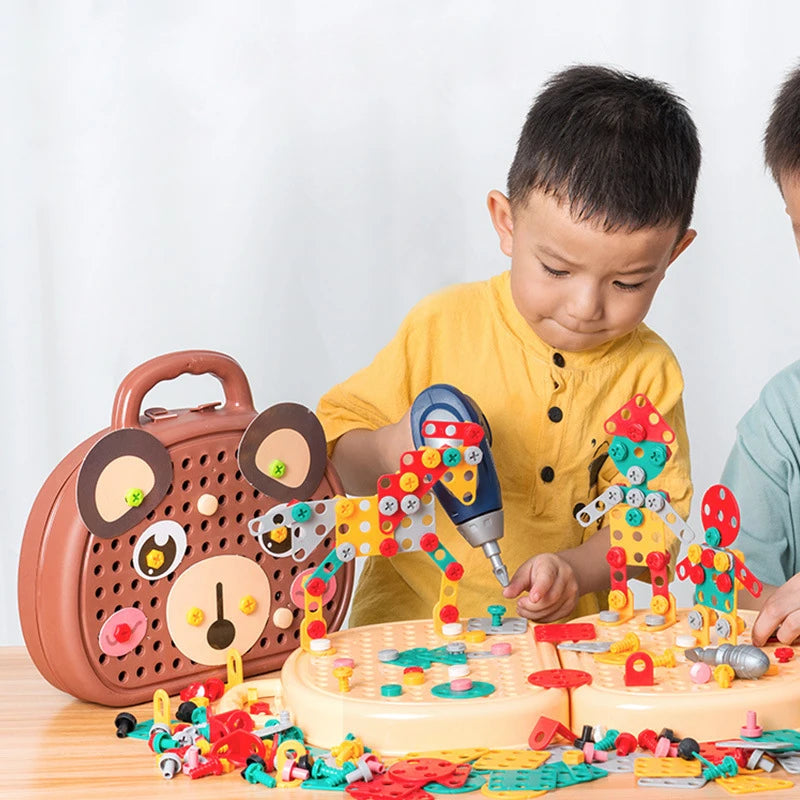 Child playing with a colorful building set on a table