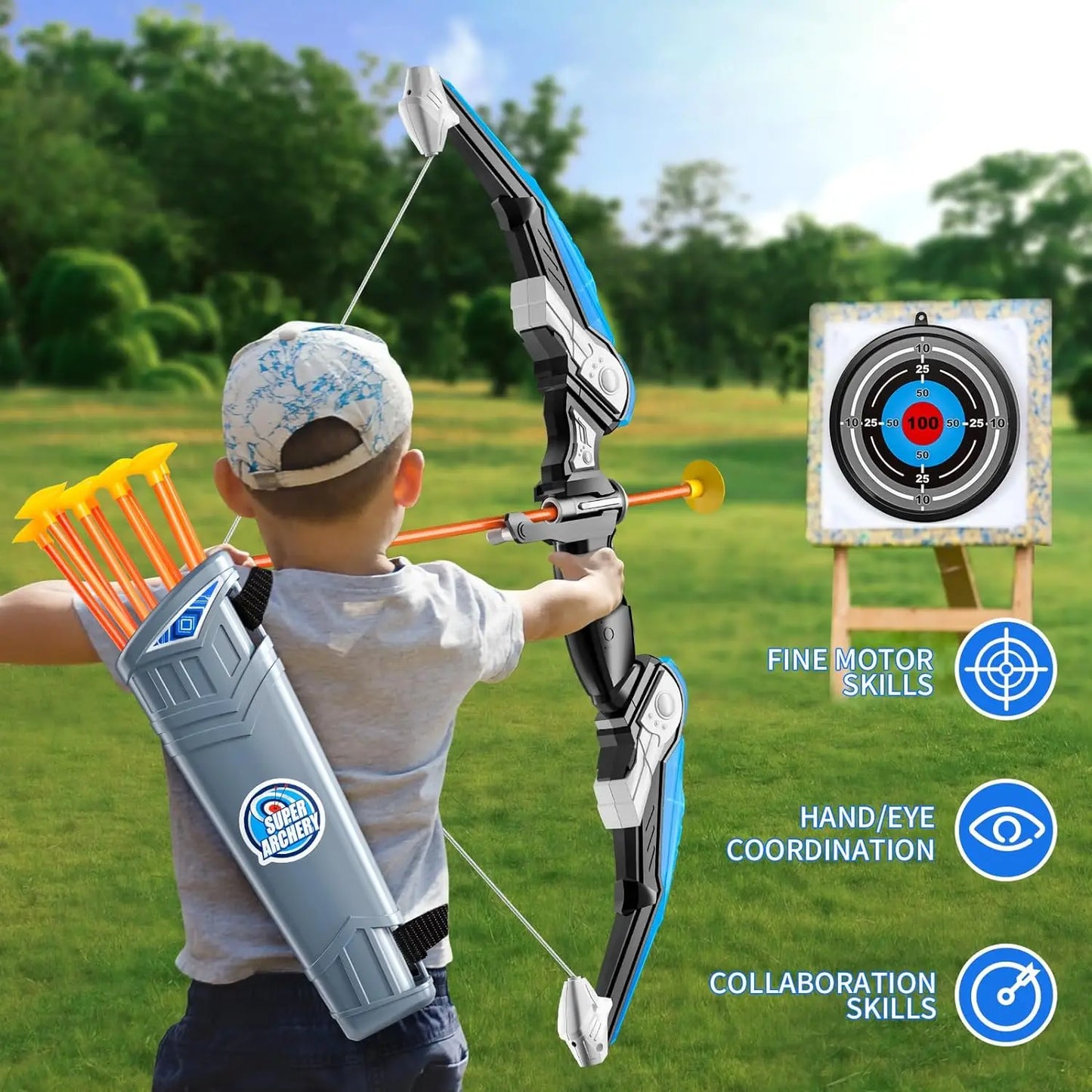 Archery toy set with bow, arrows, quiver, and target