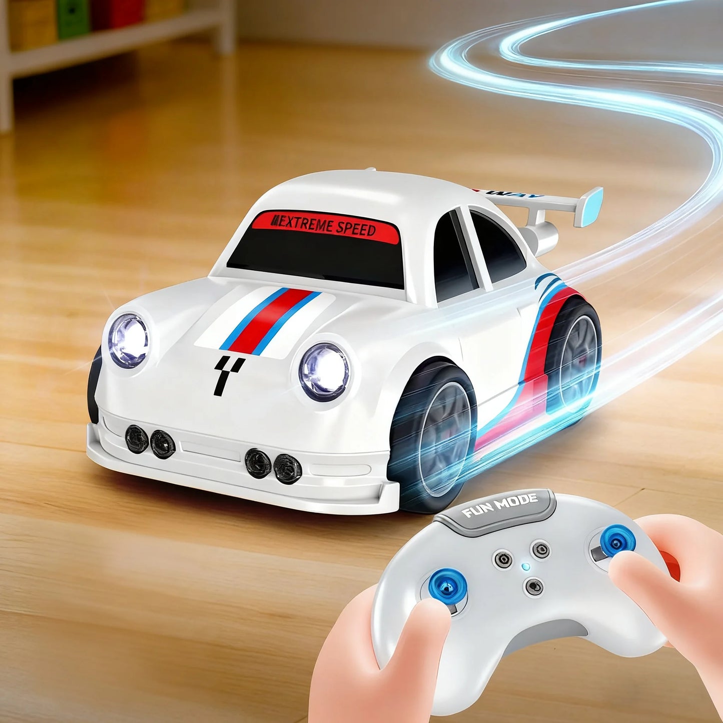 Toy race car with remote control on a wooden floor