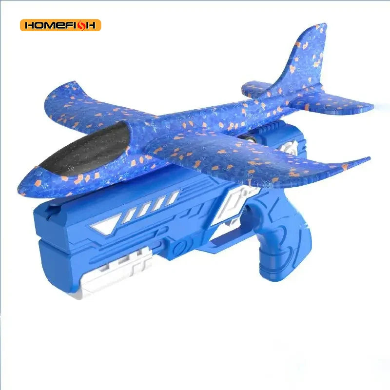 Blue toy airplane with a launching device.