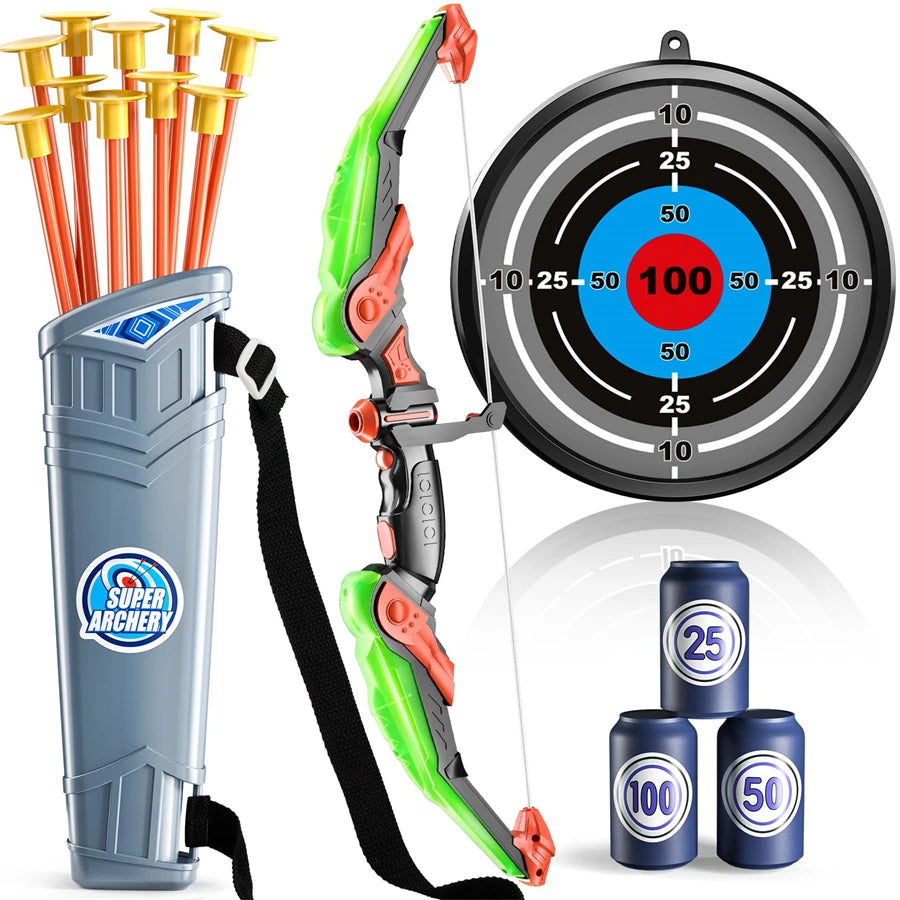 Archery toy set with bow, arrows, quiver,  target and cans.