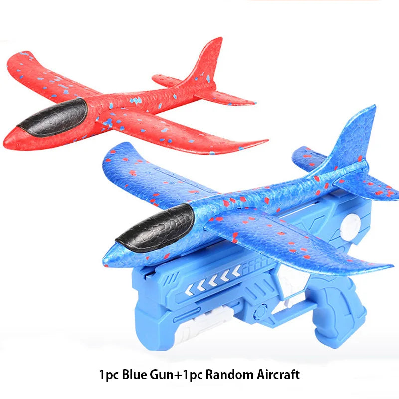 Toy set with a blue gun and a red and blue airplane