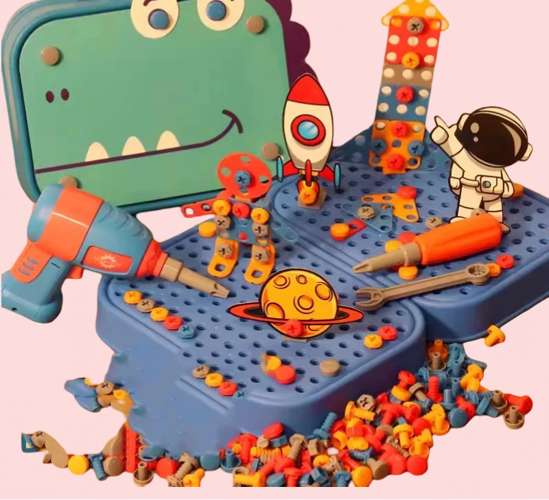 Children's toy set with a dinosaur-like design, space-themed elements, and various tools on a pink background.