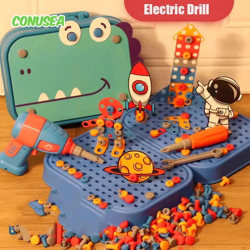 Toy diy construction set with colorful pieces and tools on a blue base, featuring a dinosaur-shaped tool box and 'Electric Drill' label.