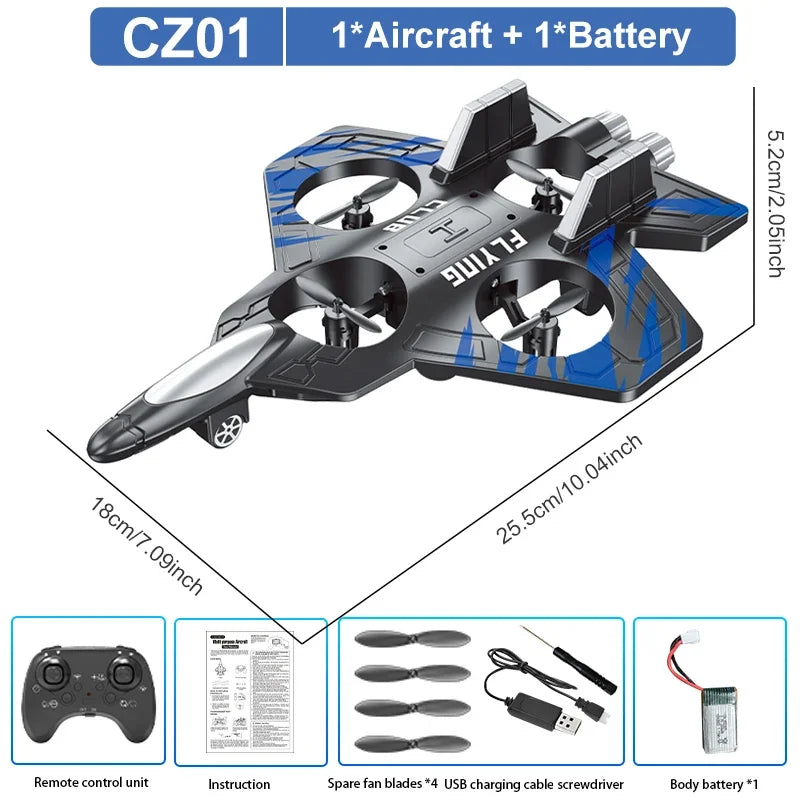 Futuristic drone with remote control, battery, and accessories.