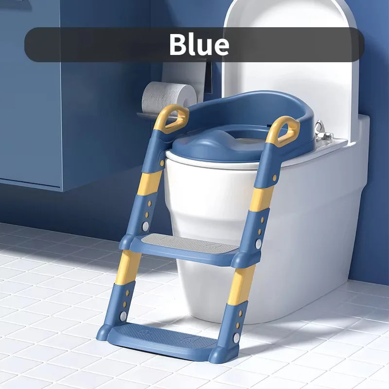 Blue and yellow step stool with ladder attached to a white toilet in a bathroom setting.