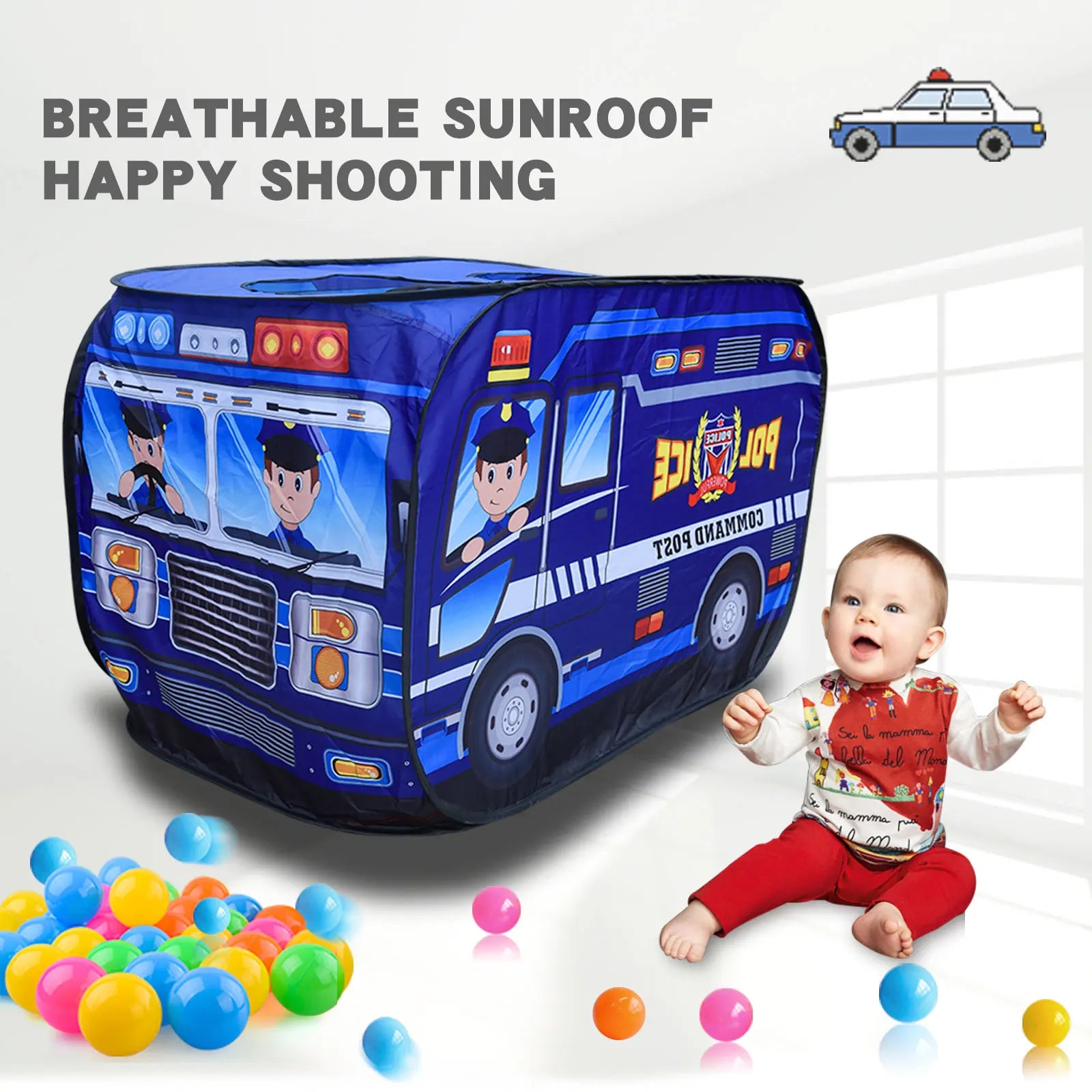 Children's play tent shaped like a police car with a breathable sunroof, featuring colorful balls on the ground.