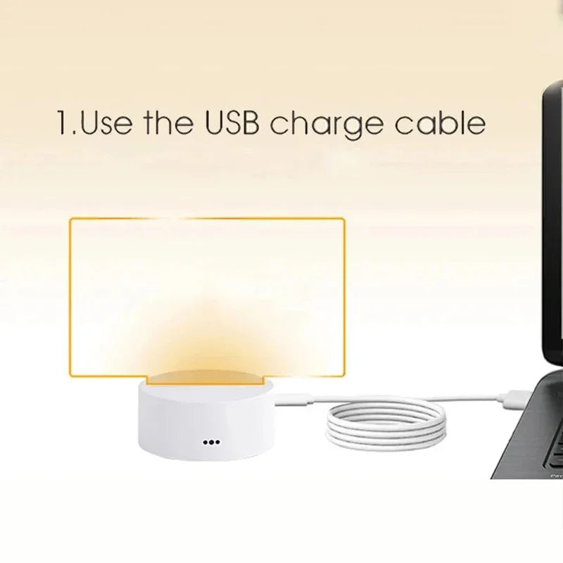 USB charge cable connected to a small lamp with text on a beige background