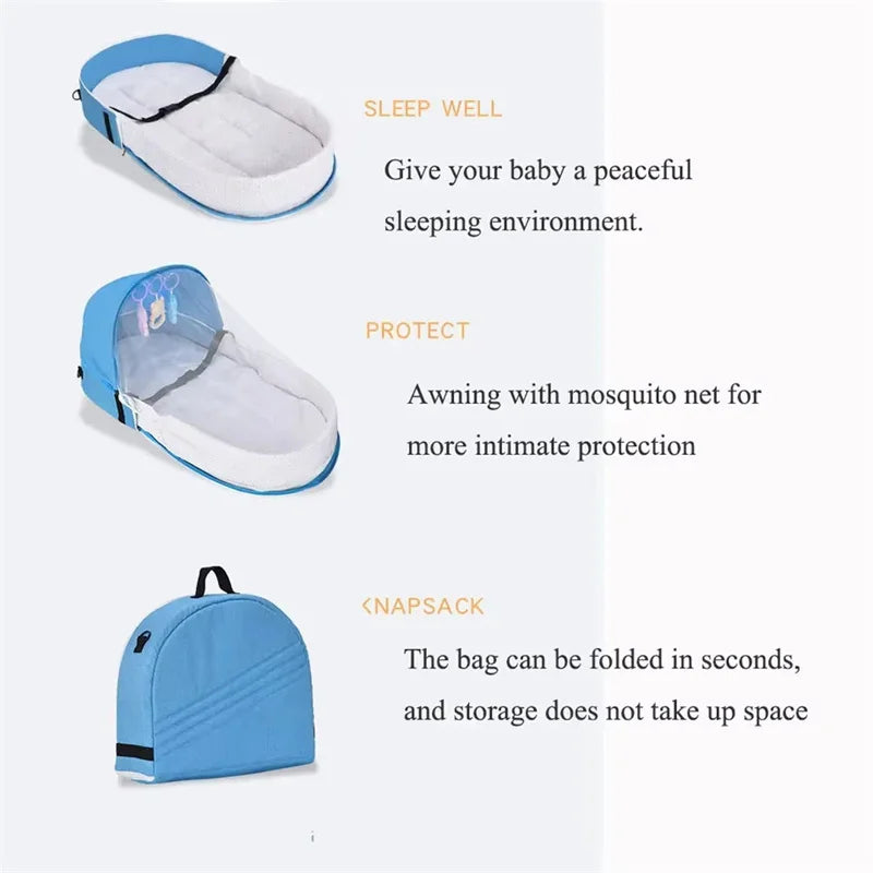 Baby product with sleeping bag, awning, and backpack on a white background