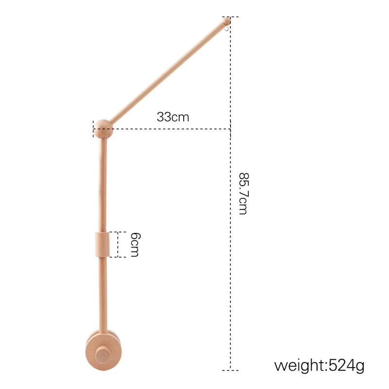 wooden baby mobile crib arm with dimensions on a white backgroun