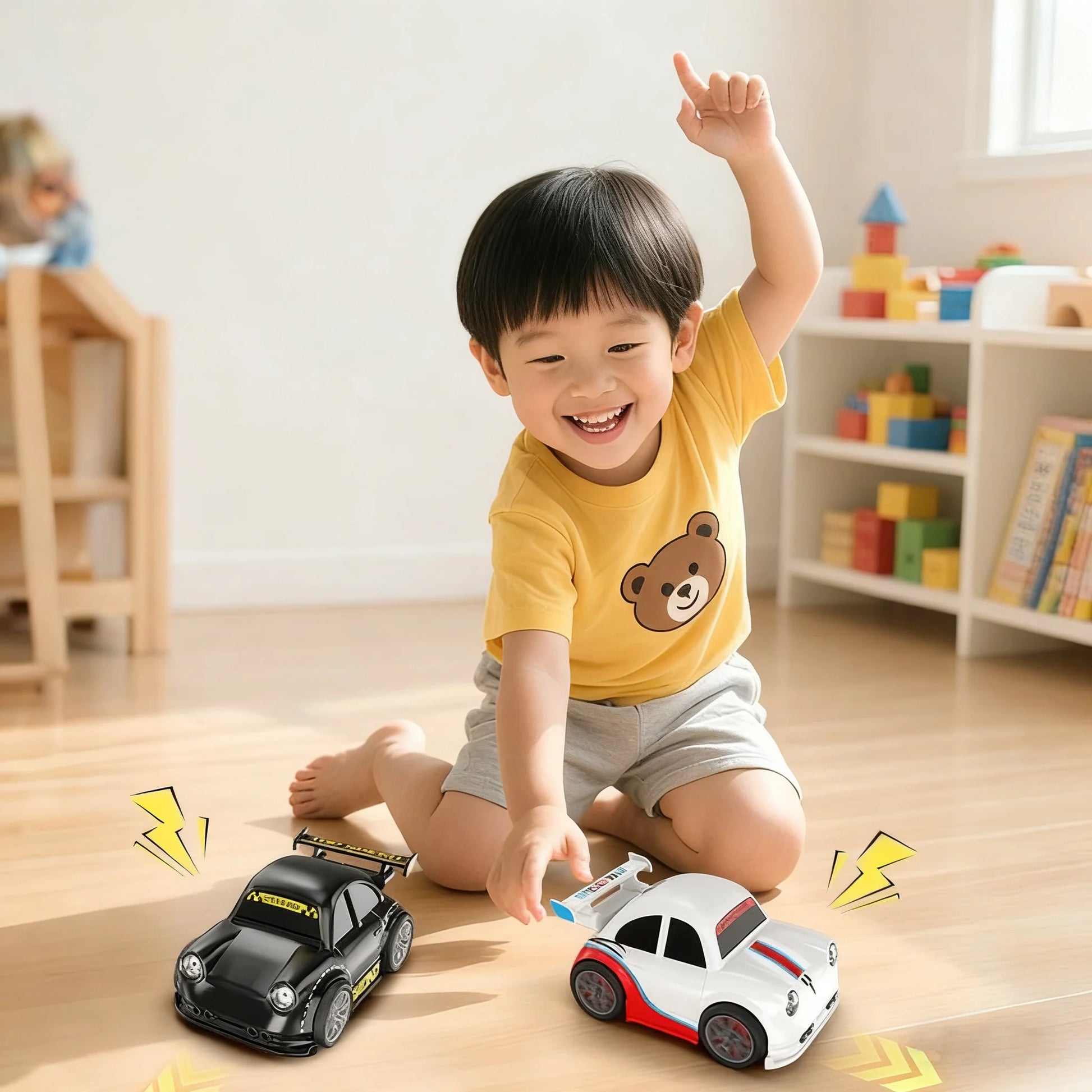 Child playing with gesture control toy cars on a wooden floor in a room with toys and furniture.