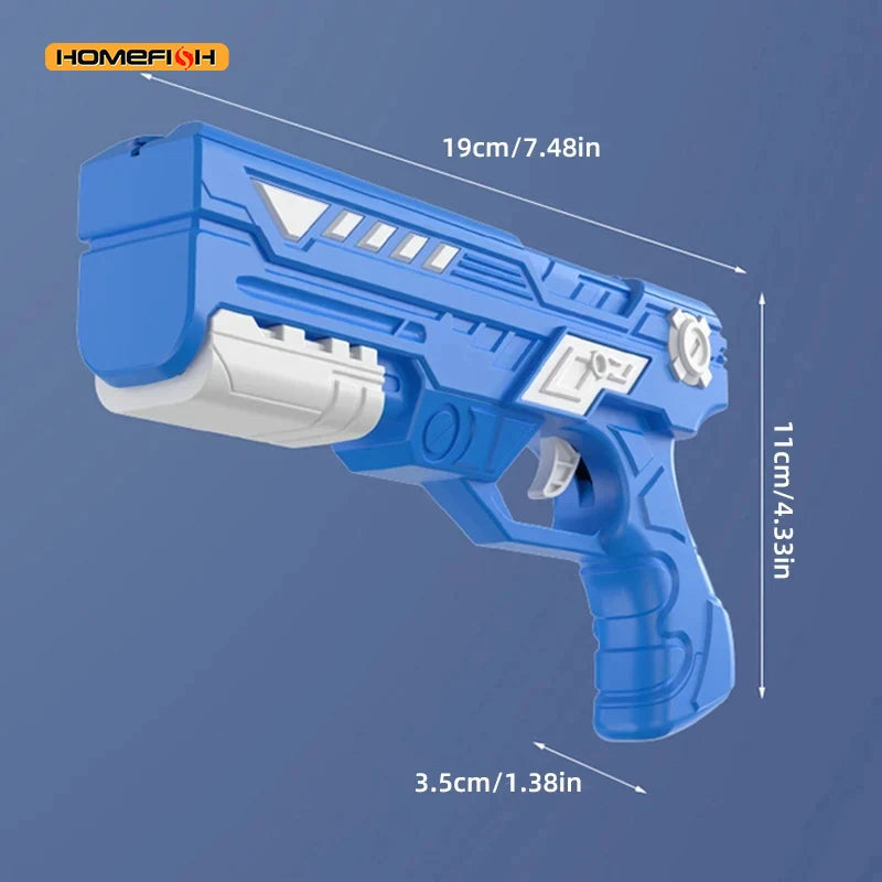 Blue and white toy gun with measurements