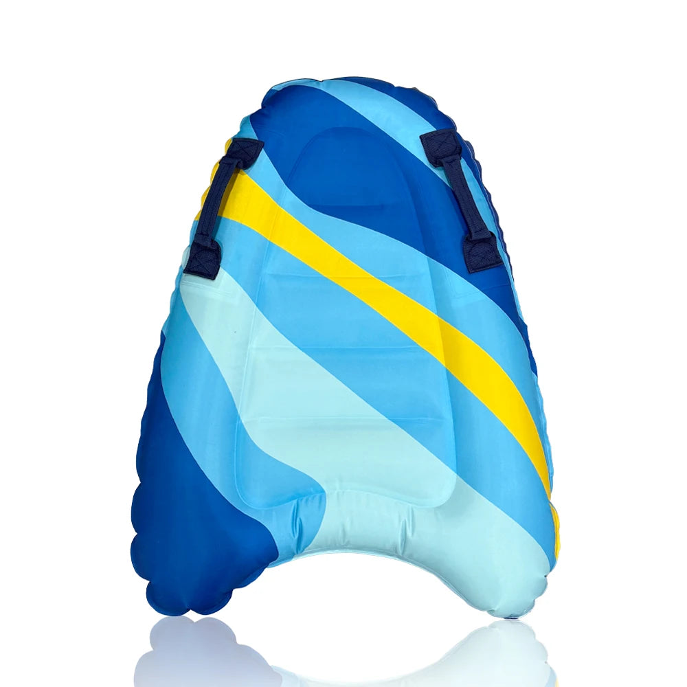 Inflatable blue and yellow bodyboard with straps on a white background