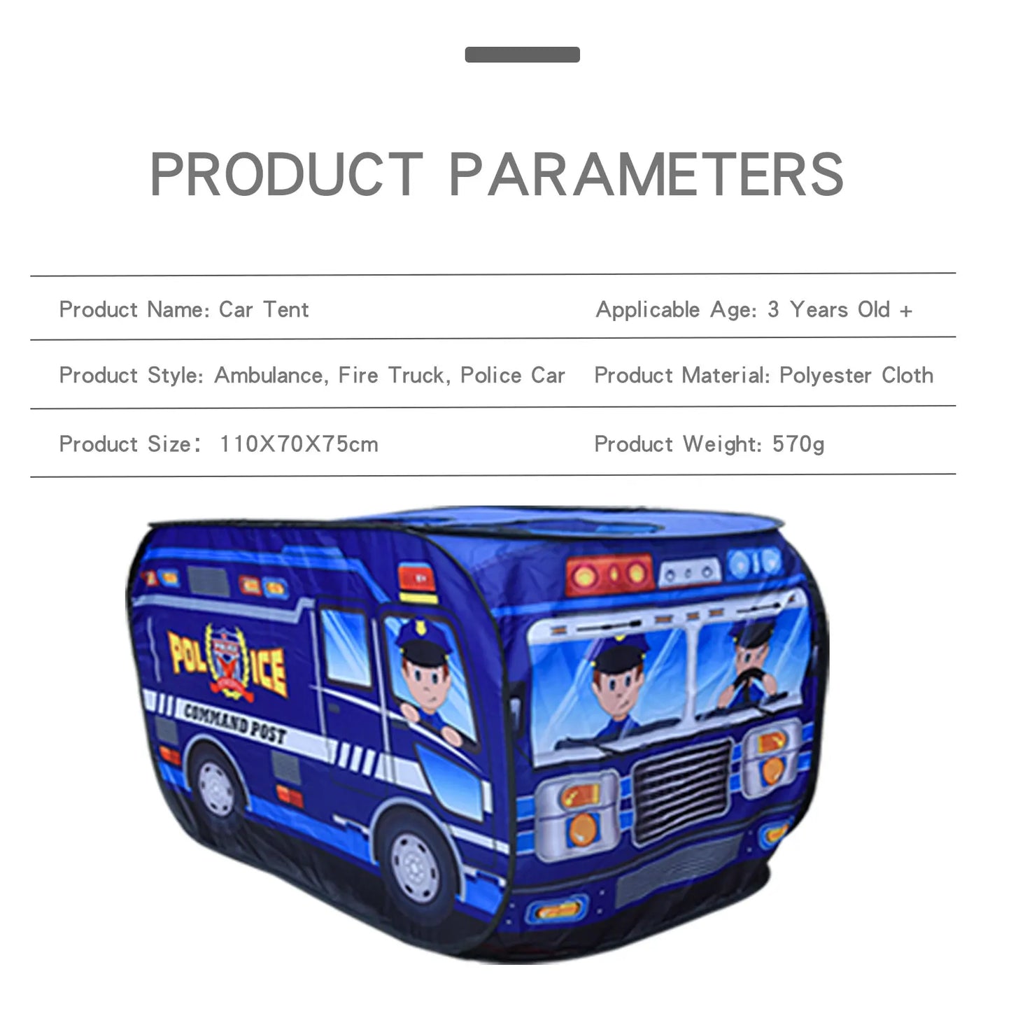 Children's play tent designed like a police car with product parameters displayed above.