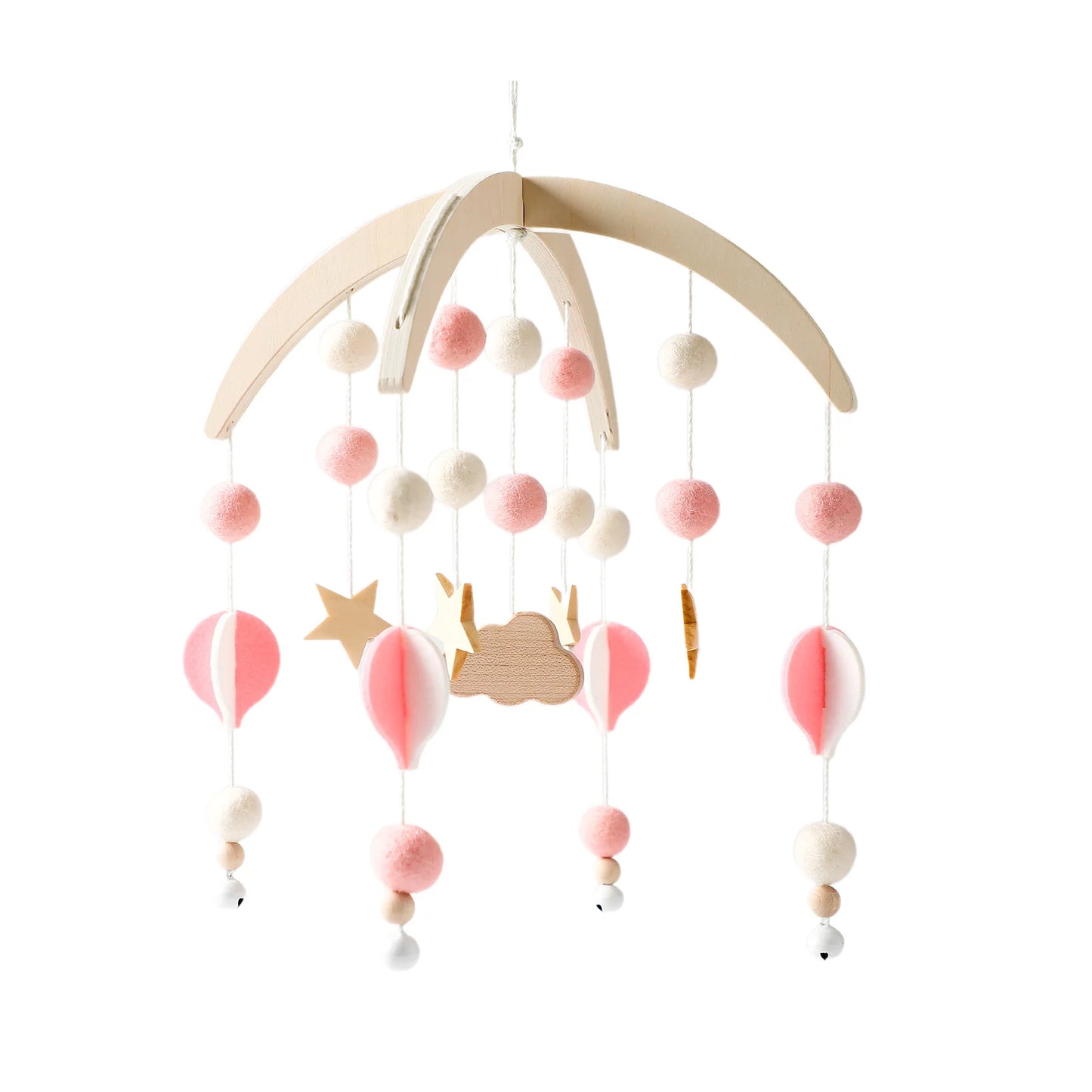wood and felt Baby crib mobile with pink and white hot air baloons, stars and cloud.