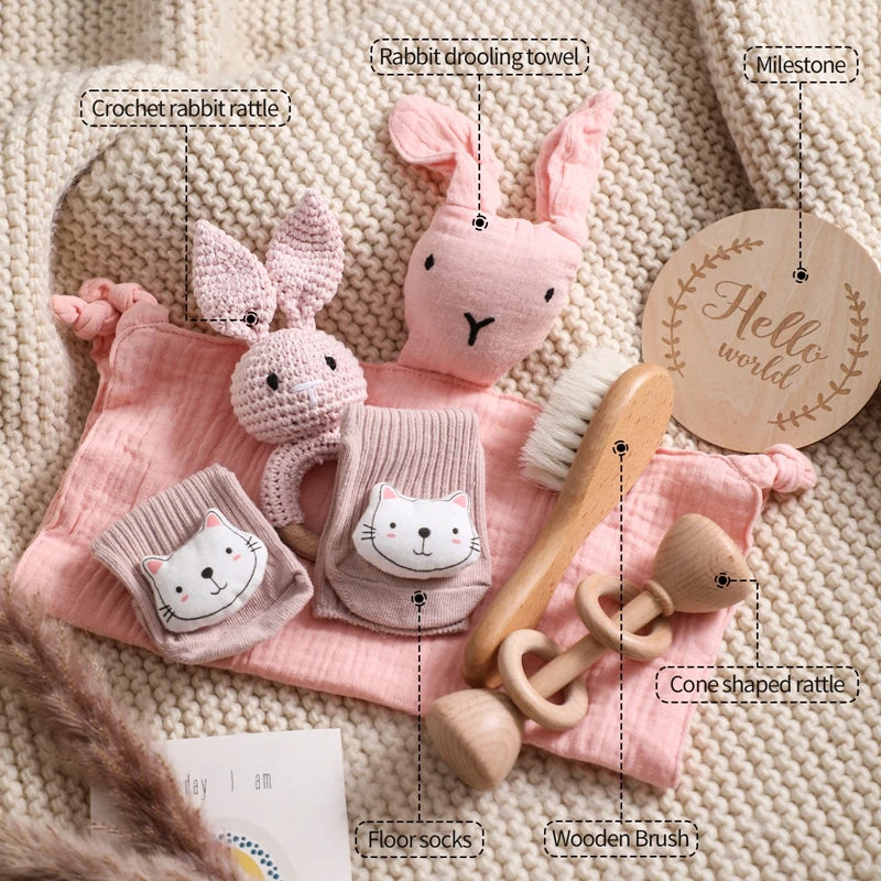 Premium Baby Gift Set – Newborn Bath Toy, Drool Towel, Wooden Rattle & More | Perfect for Baby Showers & New Parents