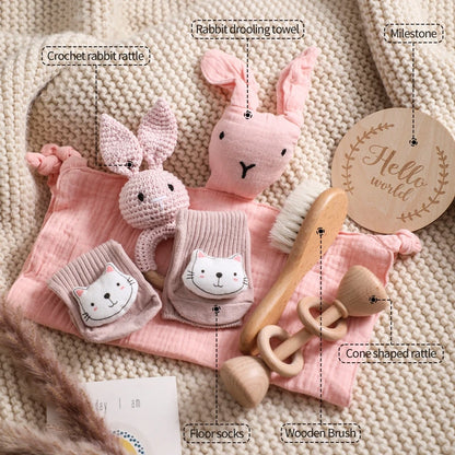 Premium Baby Gift Set – Newborn Bath Toy, Drool Towel, Wooden Rattle & More | Perfect for Baby Showers & New Parents