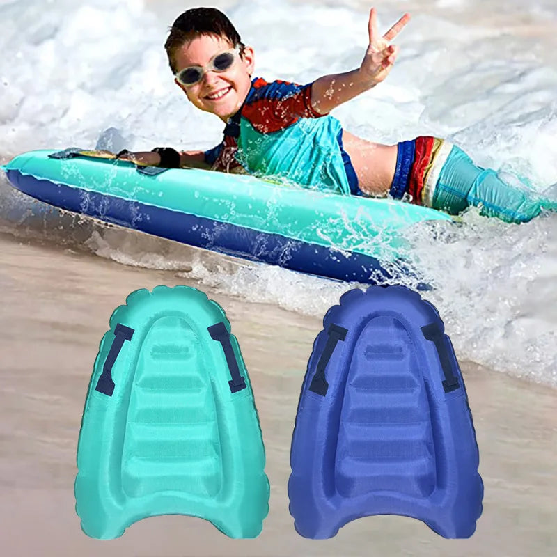 Child on an inflatable raft in water with two colorful kickboards below.
