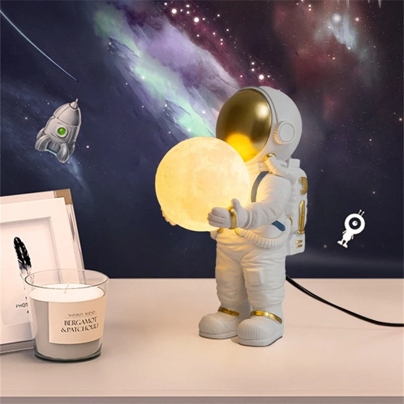 Spaceman light night lamp holding a moon with a candle and space-themed background