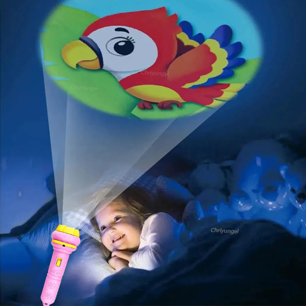 Child holding a colorful parrot toy projector with a cartoon parrot design on a dark background.