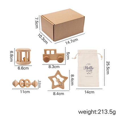 Wooden Montessori Toy Set for 0-12 Months – Baby Educational Toys with Rattle & Beech Car | Sensory Development & Comfort Gift for Newborns
