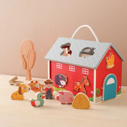 Wooden Farm Scene Toy Set – Montessori Stacking Blocks, Threading Beads, Animal Cognition & Shape Pairing Toys for Toddlers | Baby Educational Gift & Nursery Decor