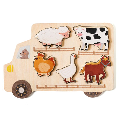 Montessori Baby Puzzle Toys - Wooden Farm & Car Puzzle | Sensory Educational Toy for Toddlers | Animal & Car Shape Matching Game for Cognitive Development | Baby's First Puzzle Gift